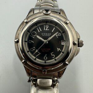 Guess Waterpro Watch Women Silver Tone Black Dial Date Window New Battery 5.75"